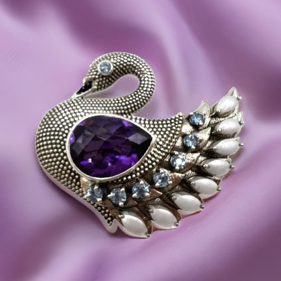 🌟NICKY BUTLER 925 Sterling Silver Purple Quartz Doublet Swan Pin Brooch NEW NB - Picture 1 of 11